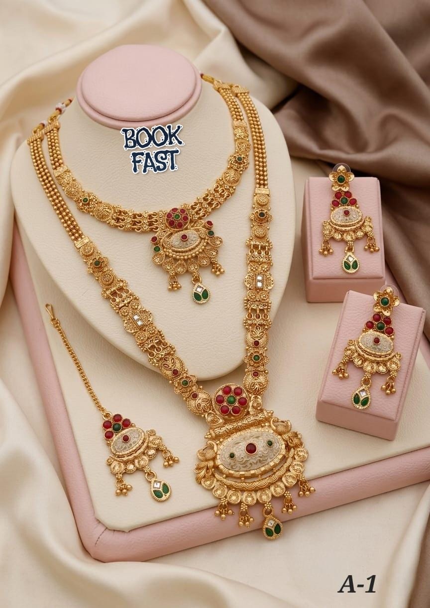 Premium Brass High Gold Antique Rajwadi Mett Combo Jewellery Set with Earrings & Mang Tikka