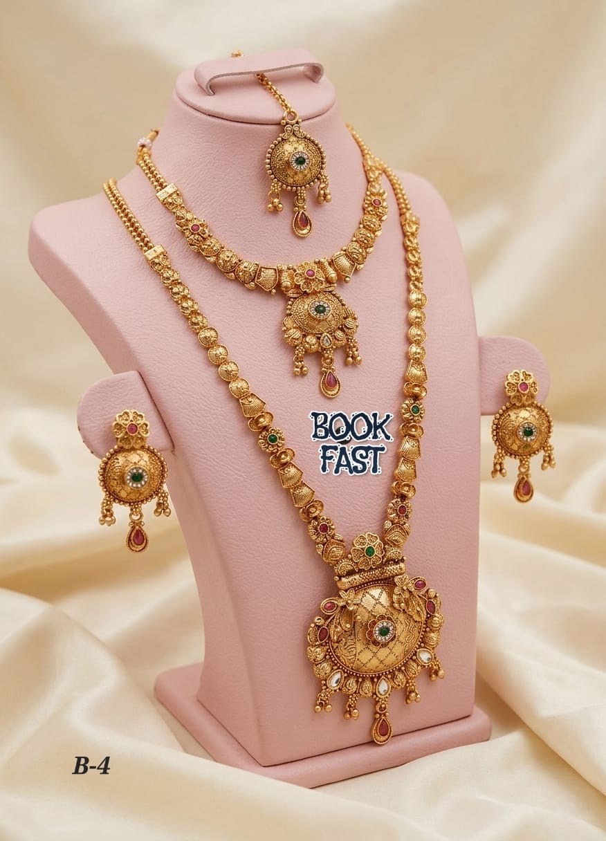 Premium Brass High Gold Antique Rajwadi Mett Combo Jewellery Set with Earrings & Mang Tikka