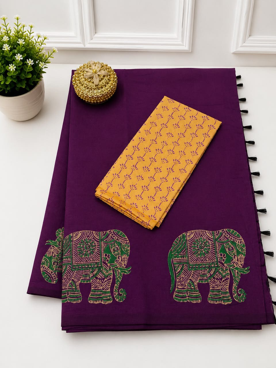 South Cotton Mix Block Printed Saree with Blouse