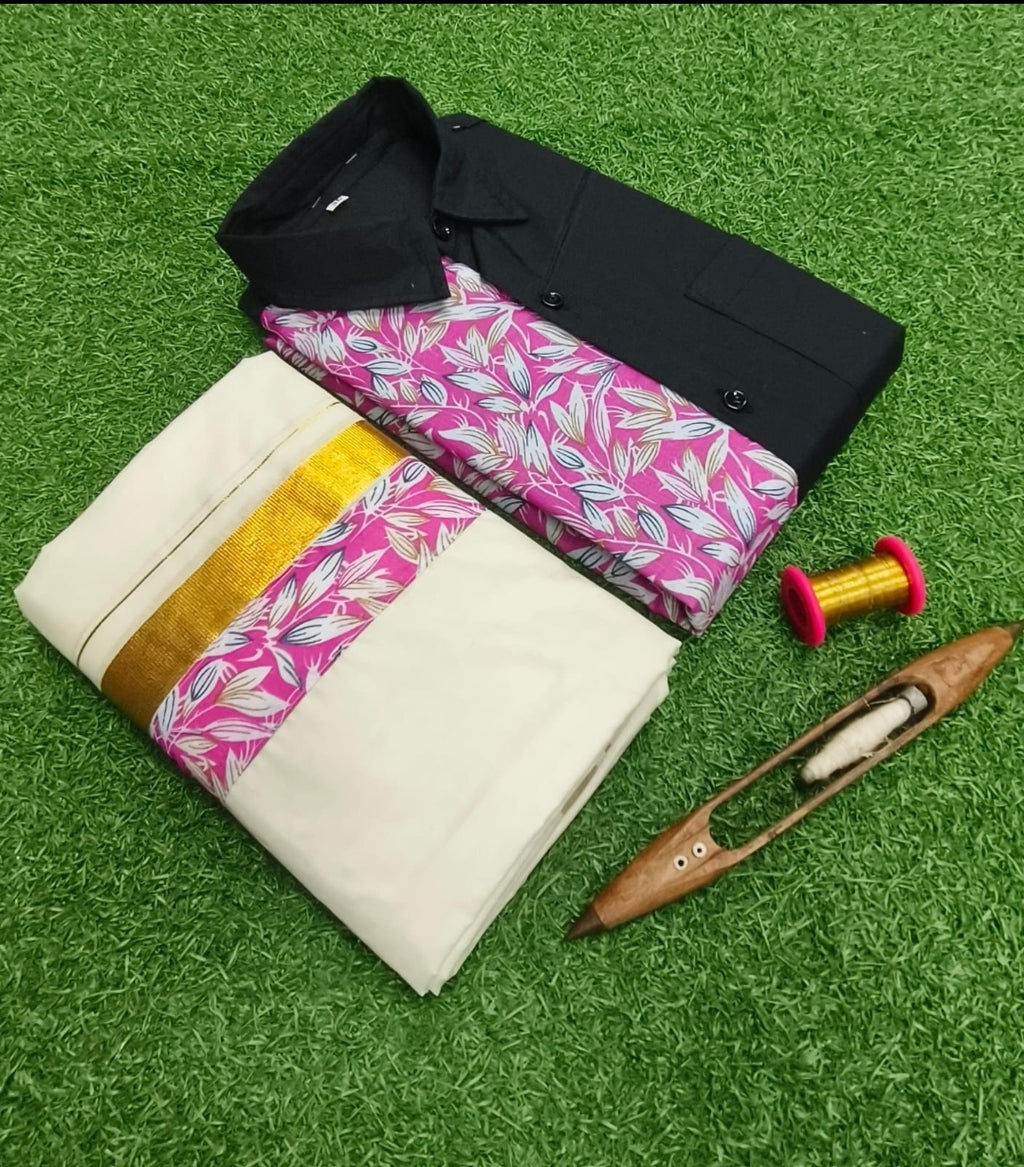 Premium Kerala Kasavu Mundu & Shirt Combo Set