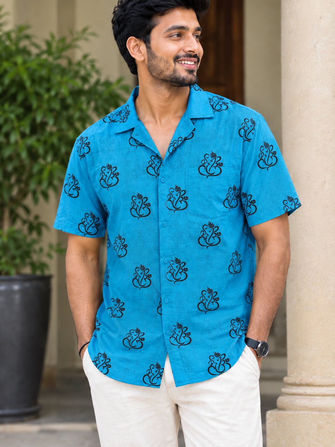 Men's Cotton Ganpati Print Short Kurta (Half Sleeves)