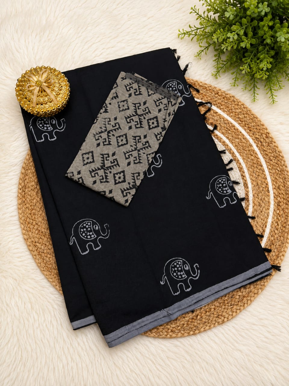 South Cotton Mix Block Printed Saree with Blouse