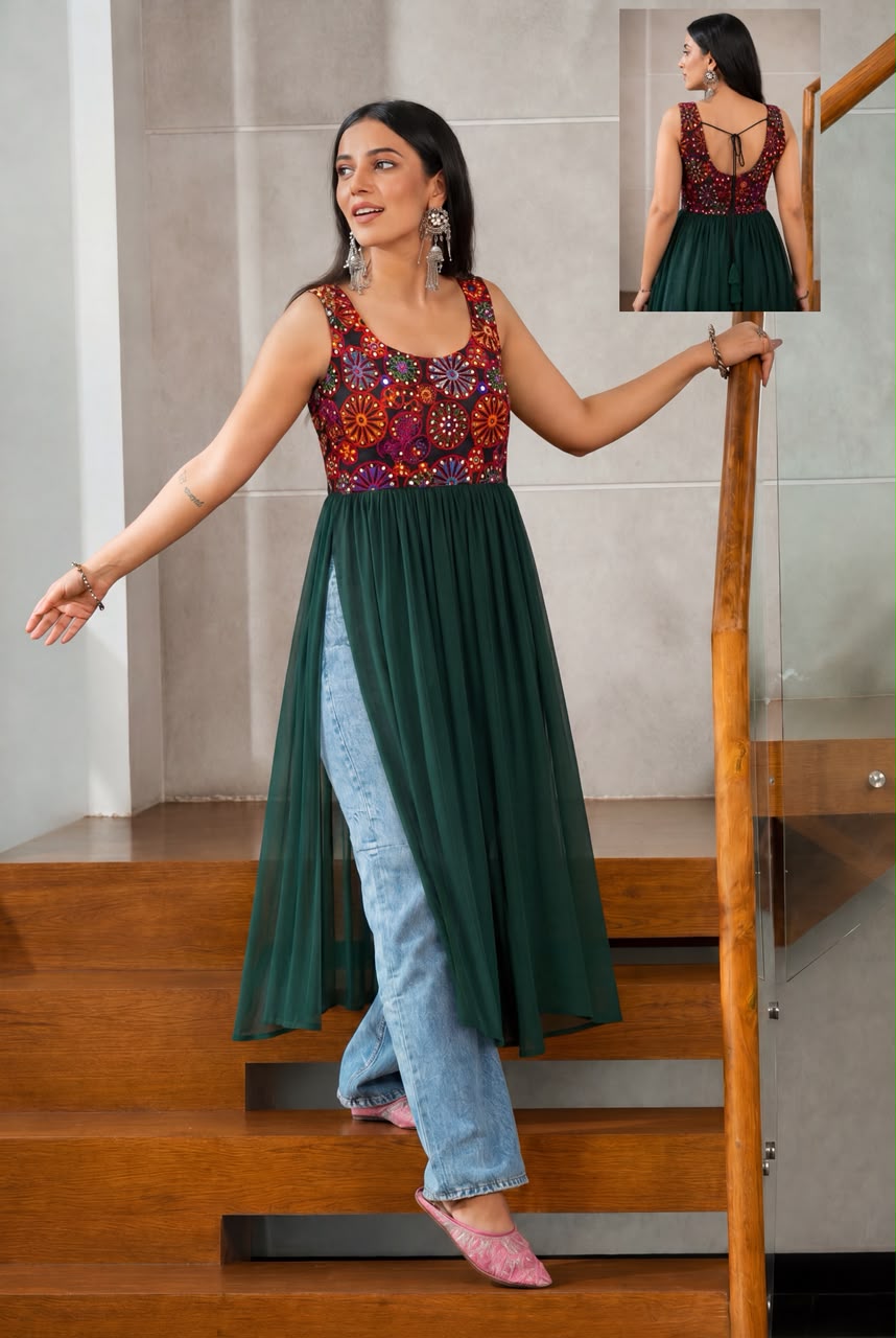 Navratri Special Panghat Mirror Work Heavy Georgette Kurti