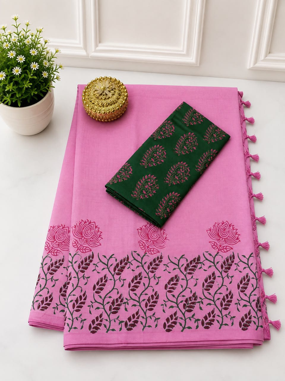 South Cotton Mix Block Printed Saree with Blouse