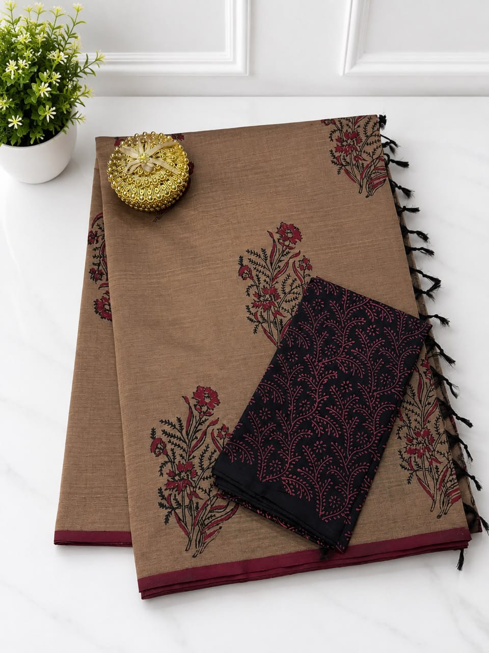 South Cotton Mix Block Printed Saree with Blouse