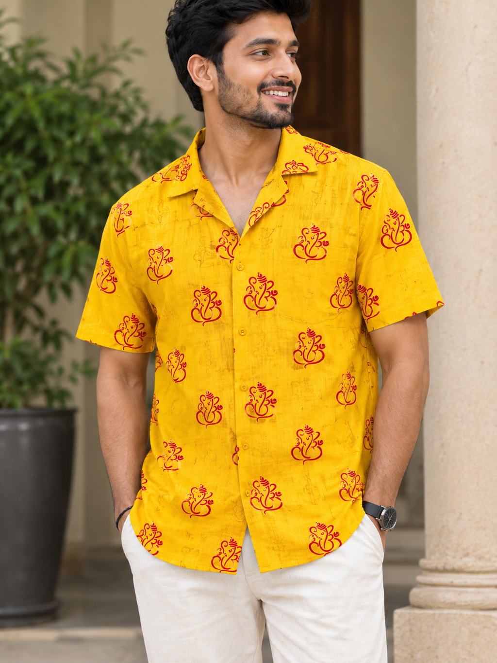 Men's Cotton Ganpati Print Short Kurta (Half Sleeves)