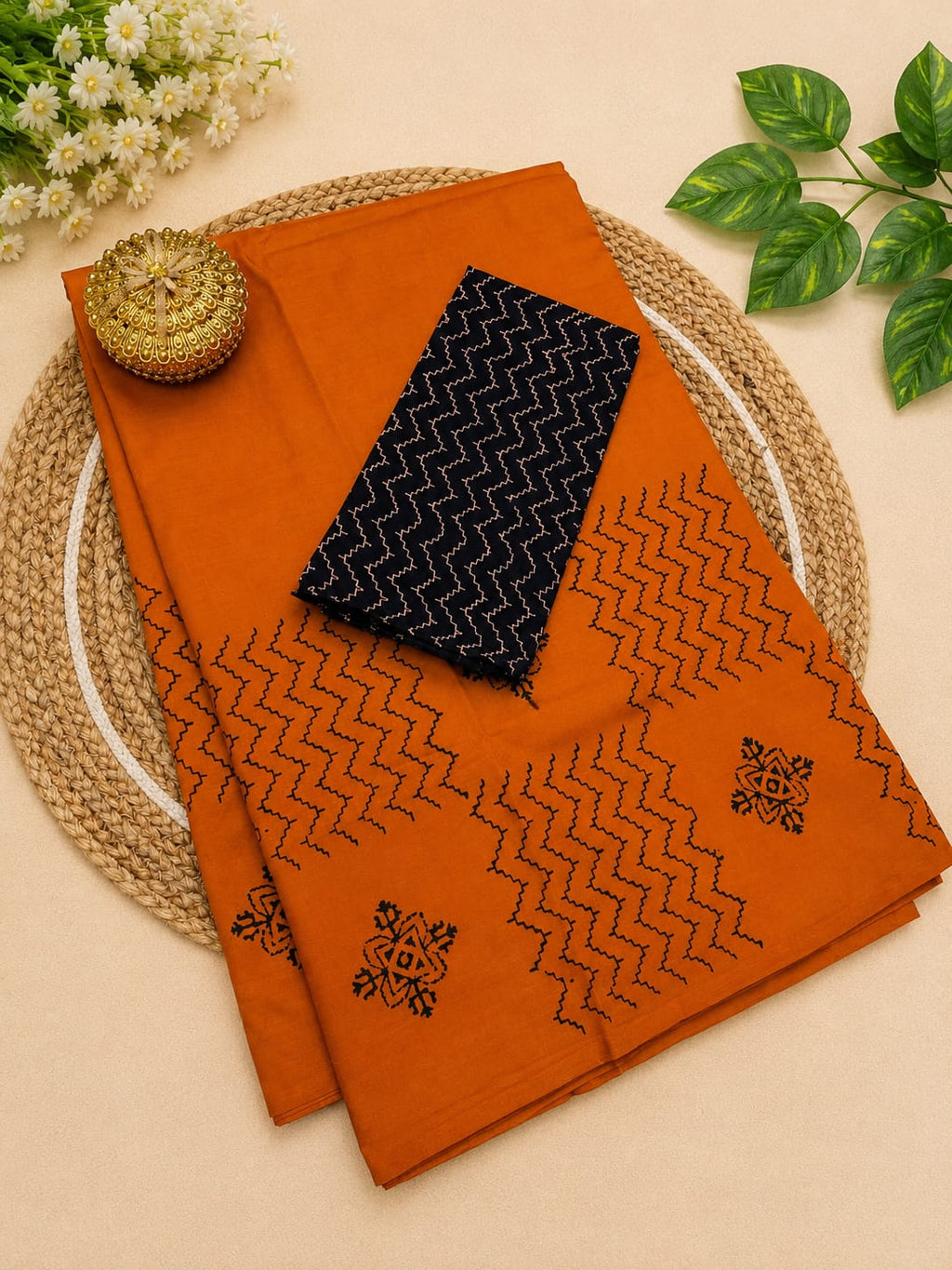 South Cotton Mix Block Printed Saree with Blouse