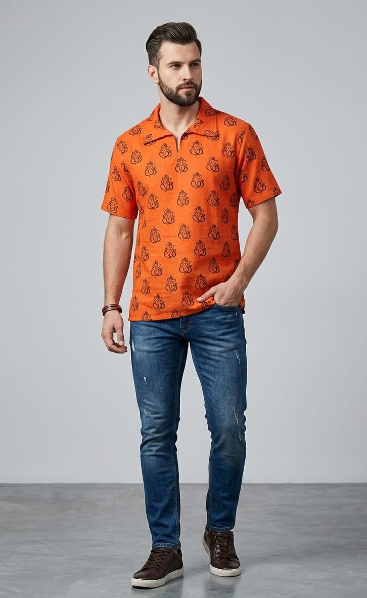 Men's Cotton Ganpati Print Short Kurta (Half Sleeves)