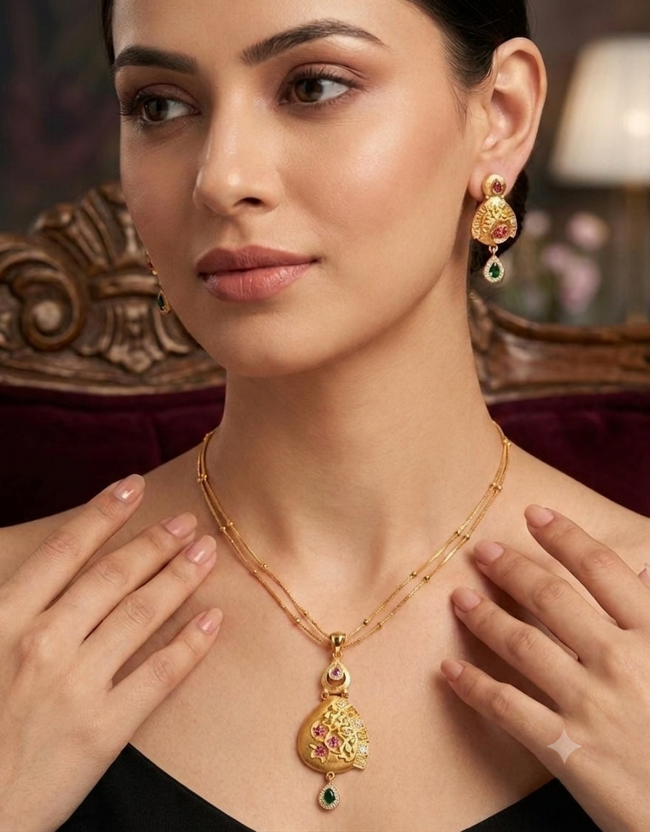 Golden Diamond Look Pendant Set with Earrings | Guvaa Mart