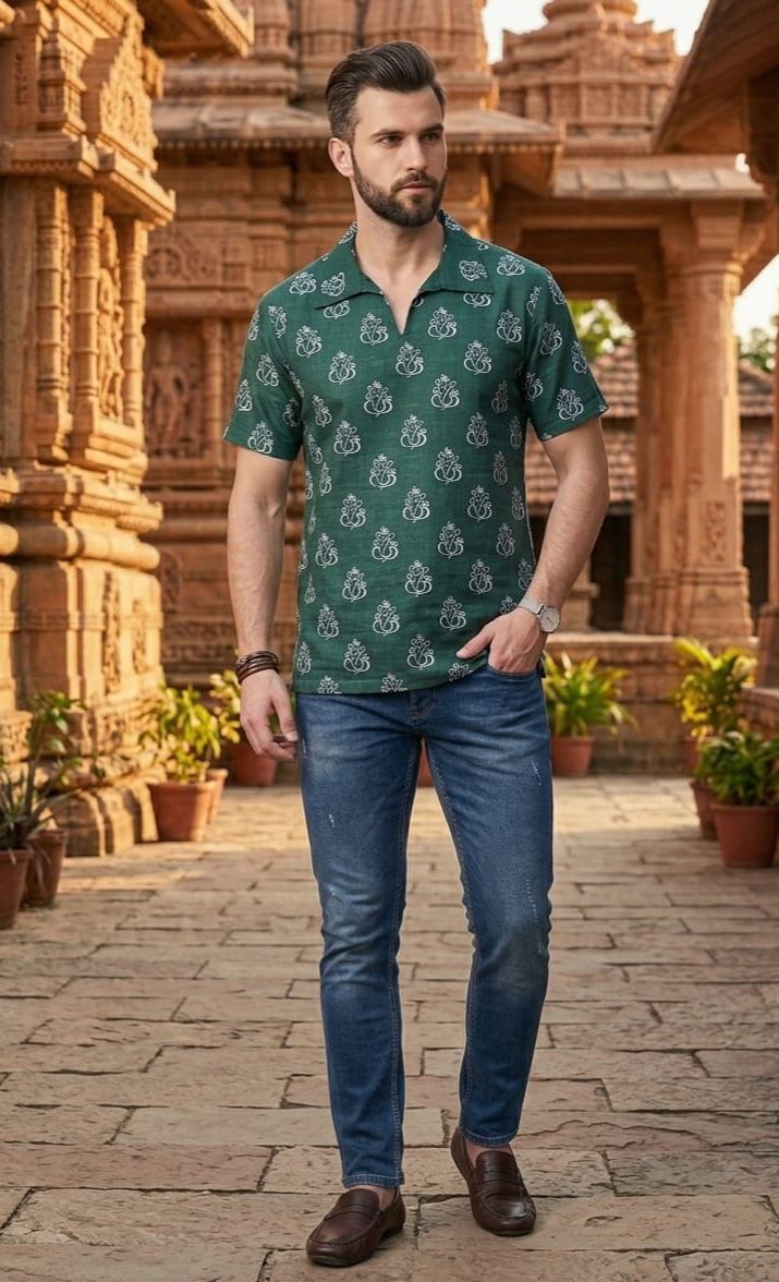 Men's Cotton Ganpati Print Short Kurta (Half Sleeves)