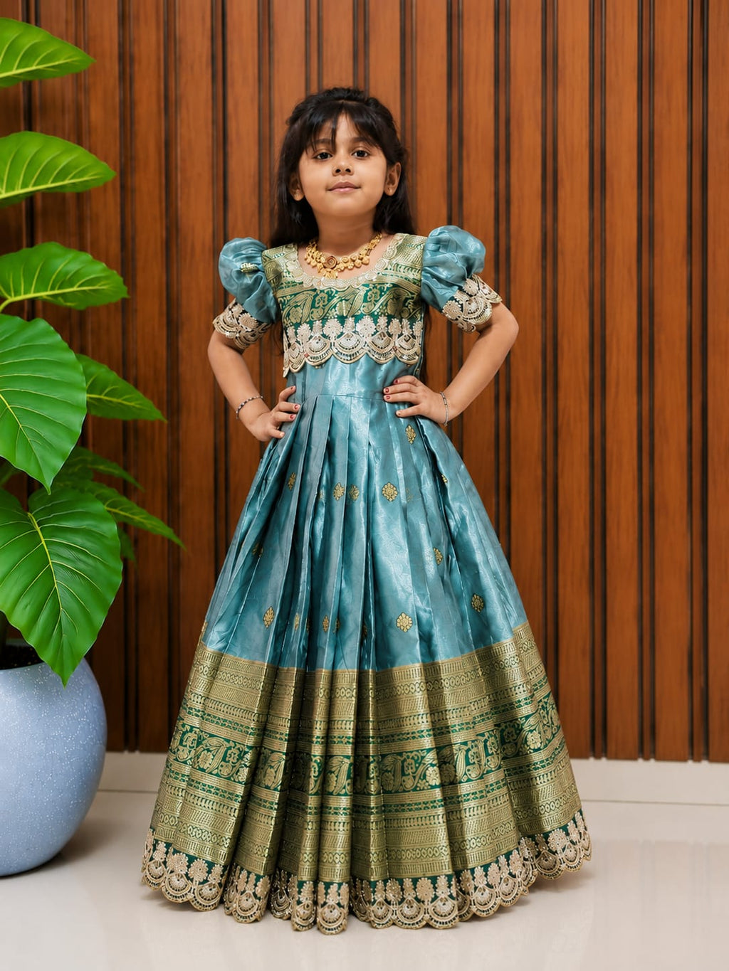 Kids Heavy Shimmer Silk Gown with Zari Weaving & Embroidery