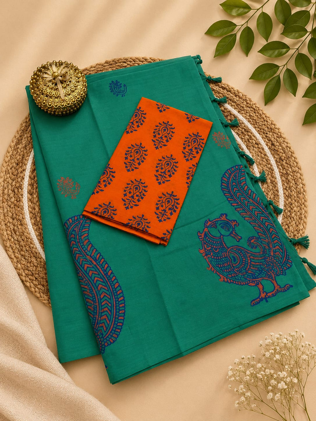 South Cotton Mix Block Printed Saree with Blouse