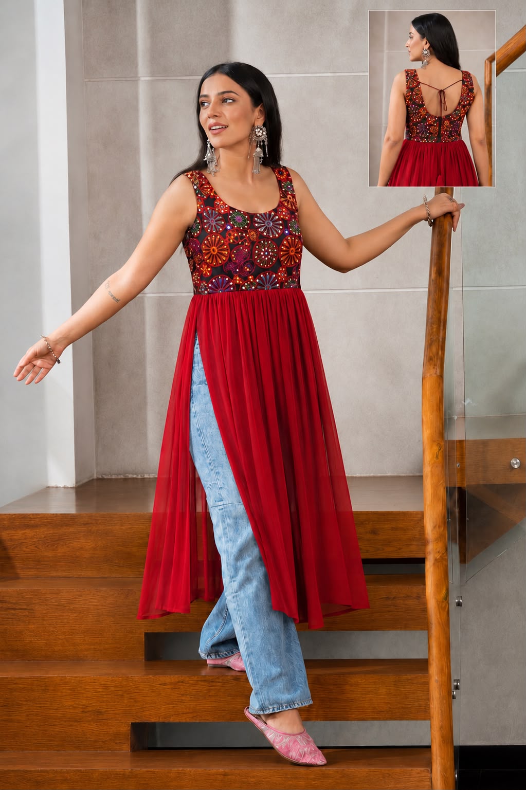 Navratri Special Panghat Mirror Work Heavy Georgette Kurti