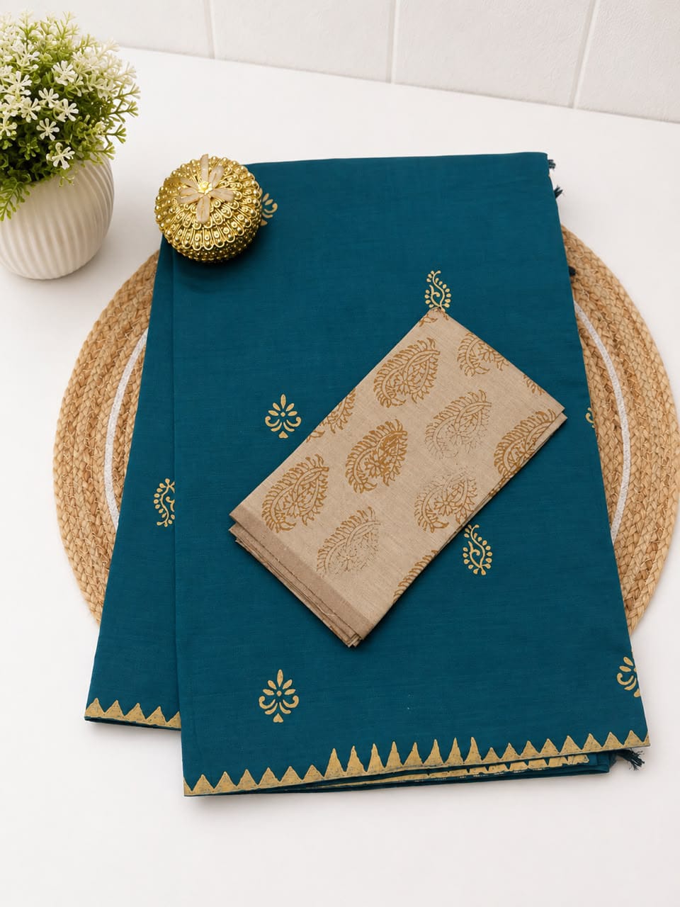 South Cotton Mix Block Printed Saree with Blouse