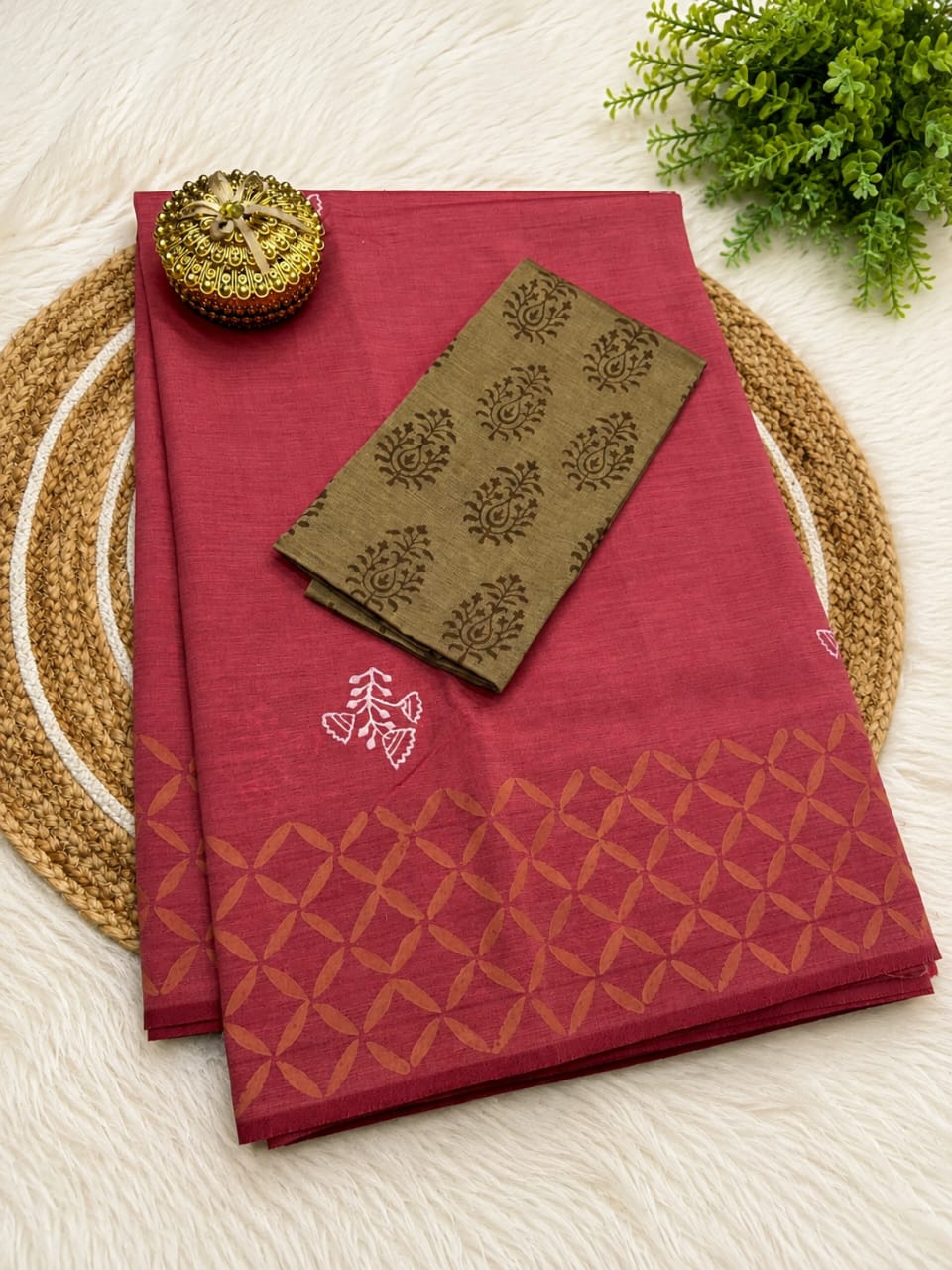 South Cotton Mix Block Printed Saree with Blouse