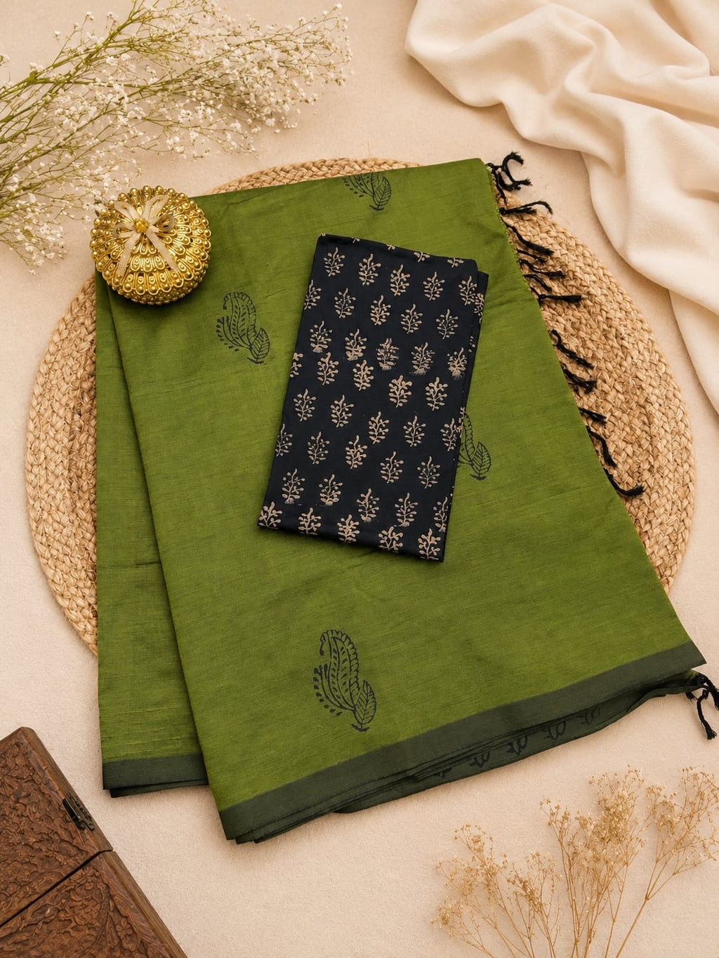 South Cotton Mix Block Printed Saree with Blouse