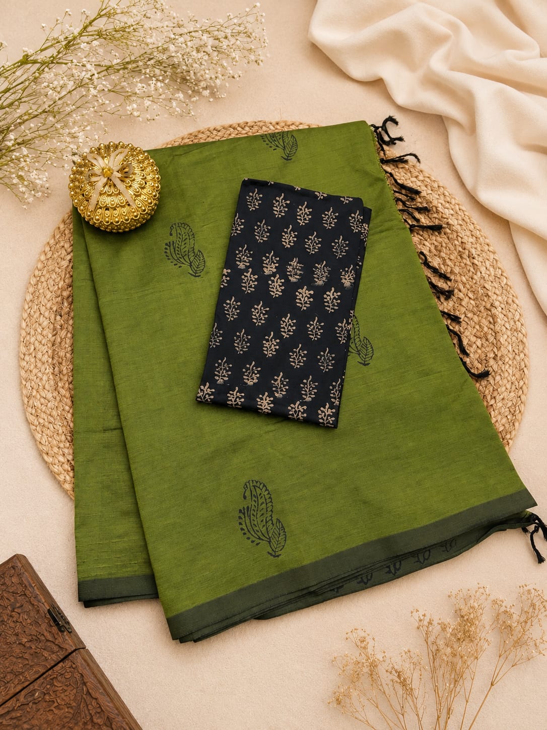 South Cotton Mix Block Printed Saree with Blouse