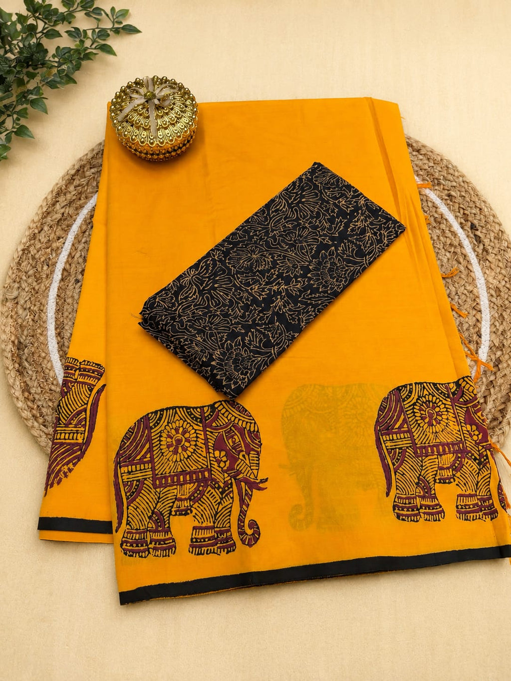 South Cotton Mix Block Printed Saree with Blouse