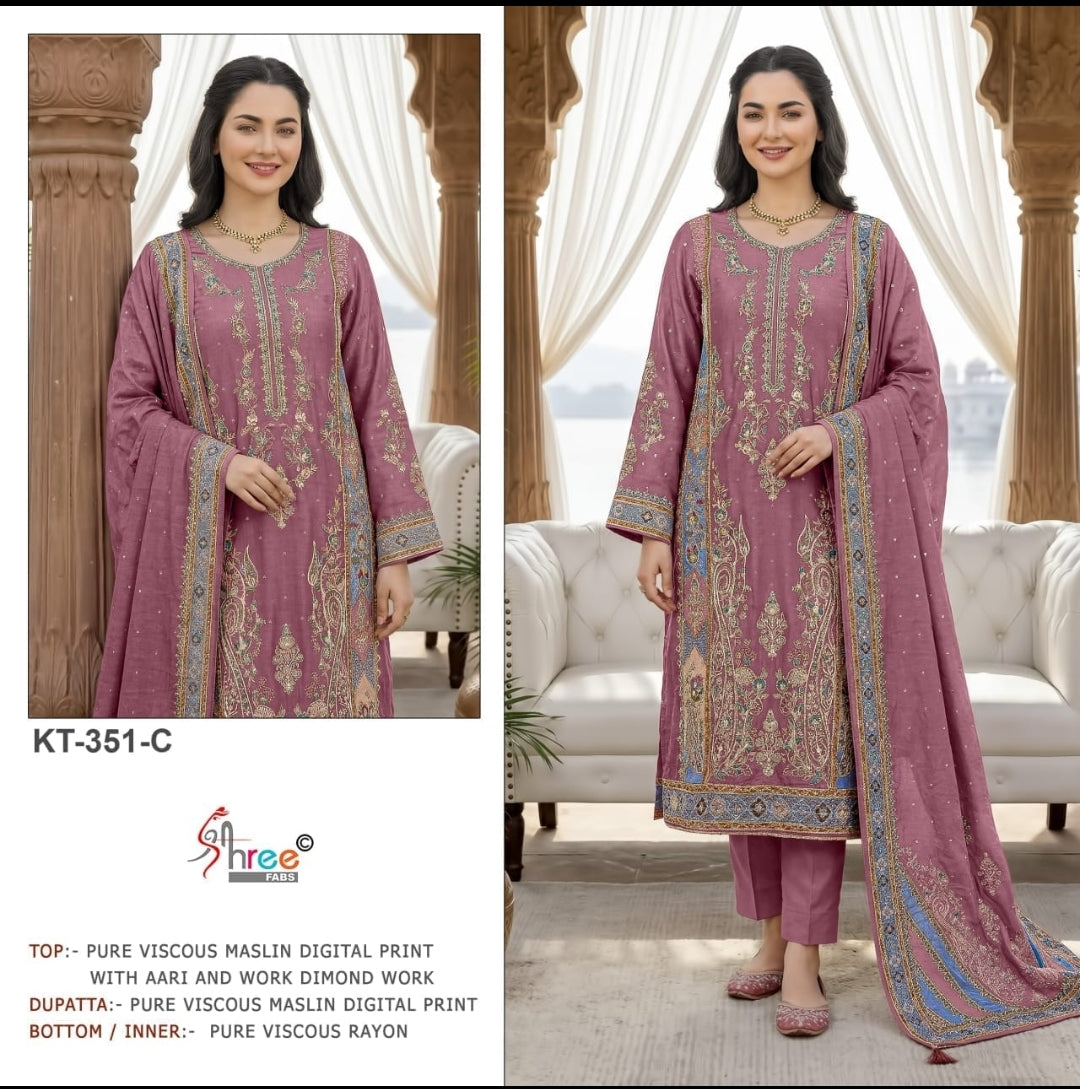 Premium Pure Viscose Maslin Digital Print Suit Set with Hand Work
