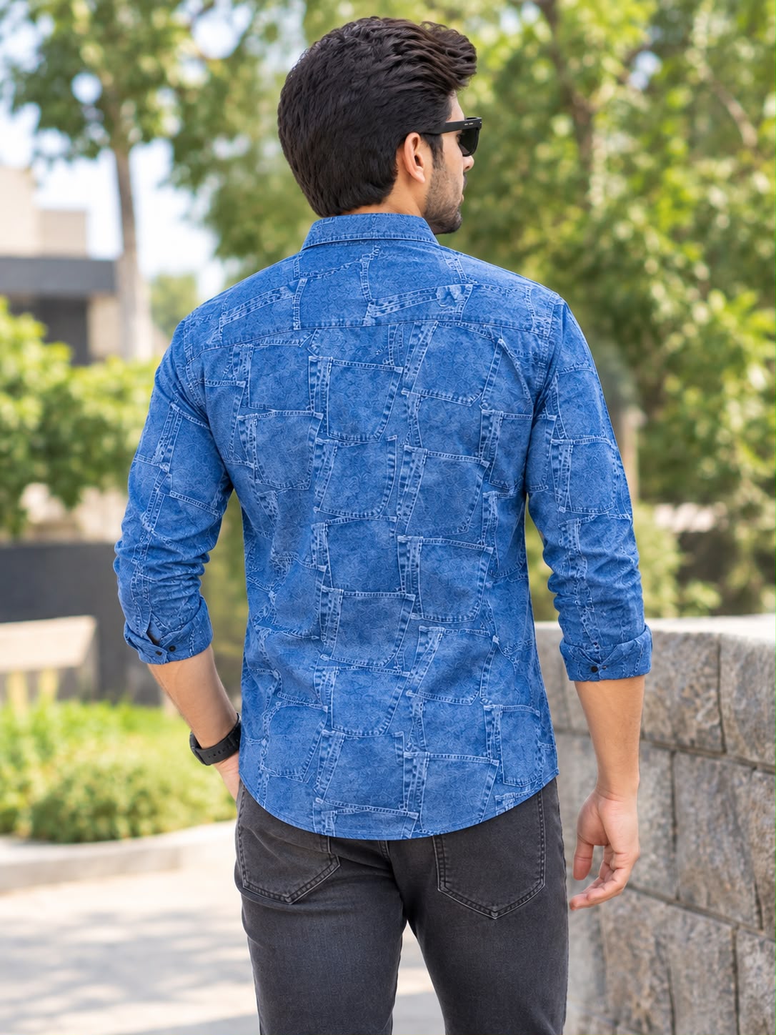 Premium Designer Patchwork Denim Print Cotton Shirt - Full Sleeve