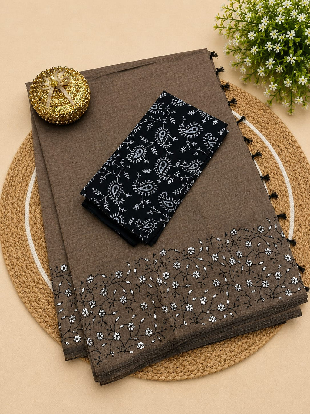 South Cotton Mix Block Printed Saree with Blouse