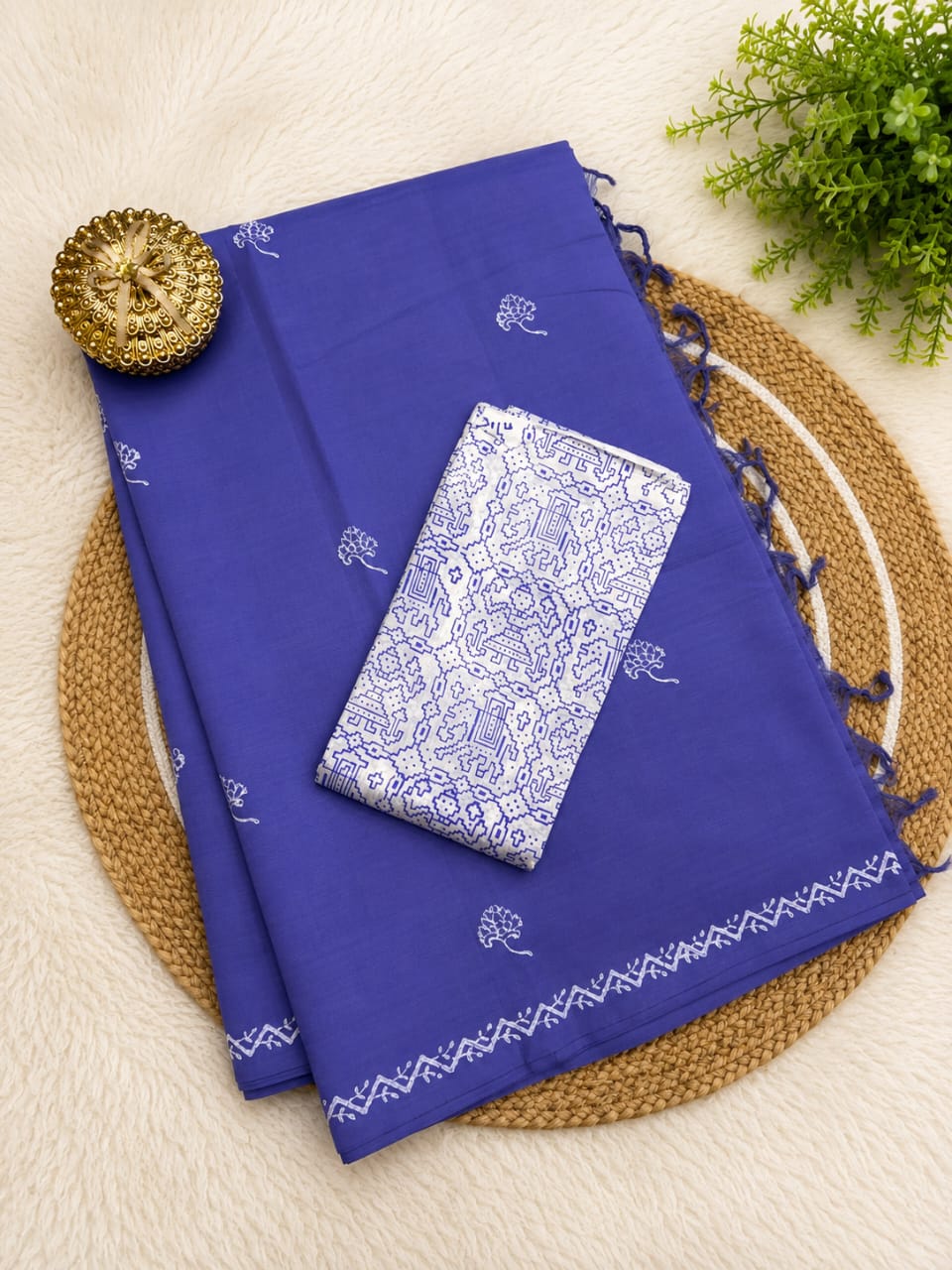South Cotton Mix Block Printed Saree with Blouse