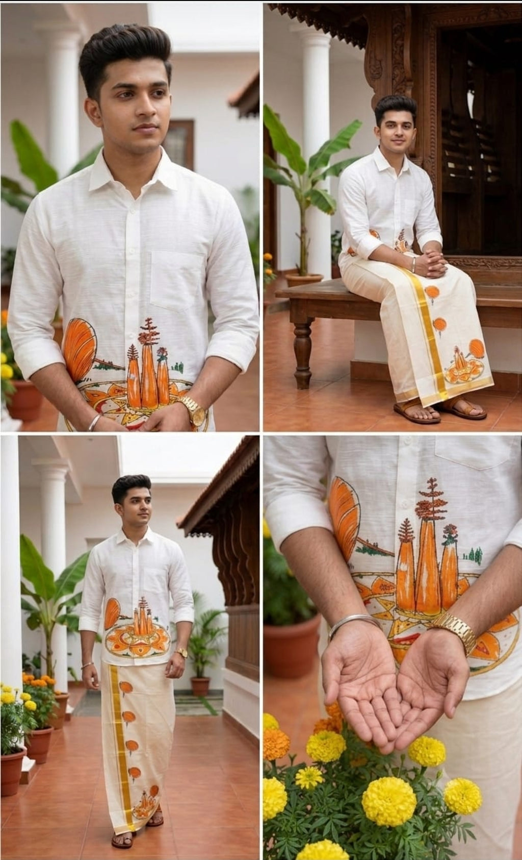 Men's Premium Hand-Painted Onam Shirt & Kasavu Mundu Set