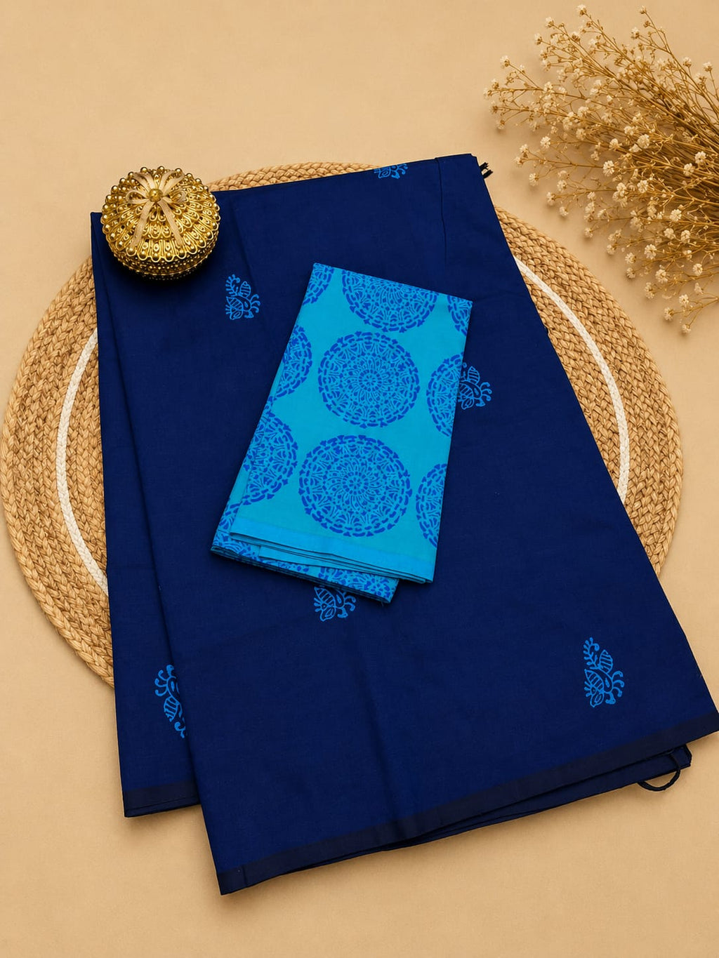 South Cotton Mix Block Printed Saree with Blouse