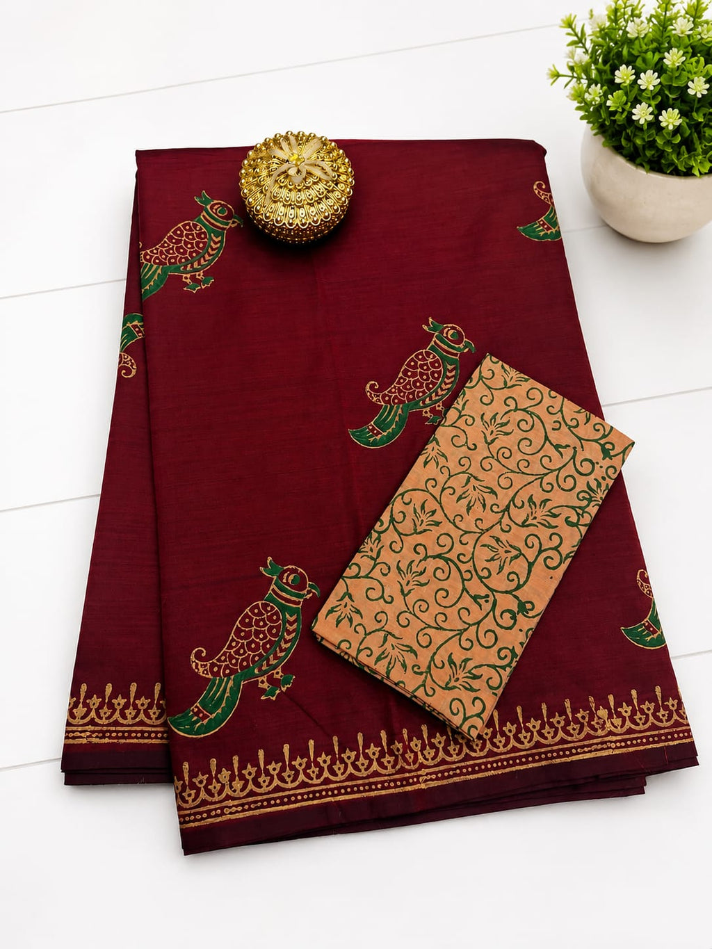 South Cotton Mix Block Printed Saree with Blouse