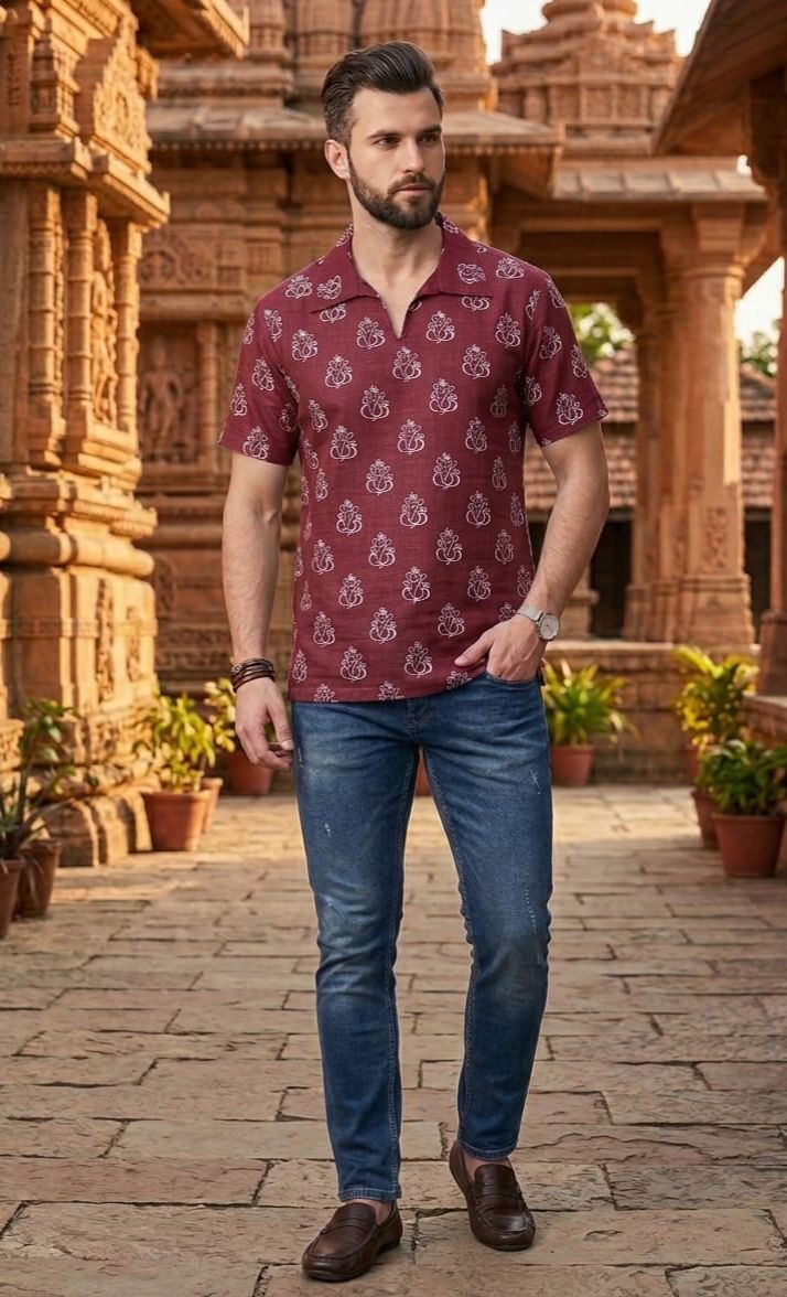 Men's Cotton Ganpati Print Short Kurta (Half Sleeves)