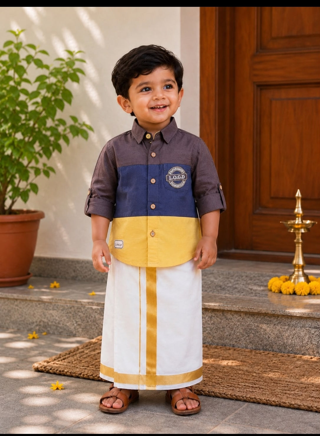 Kids  Embroidered Kurta & White Mundu Set