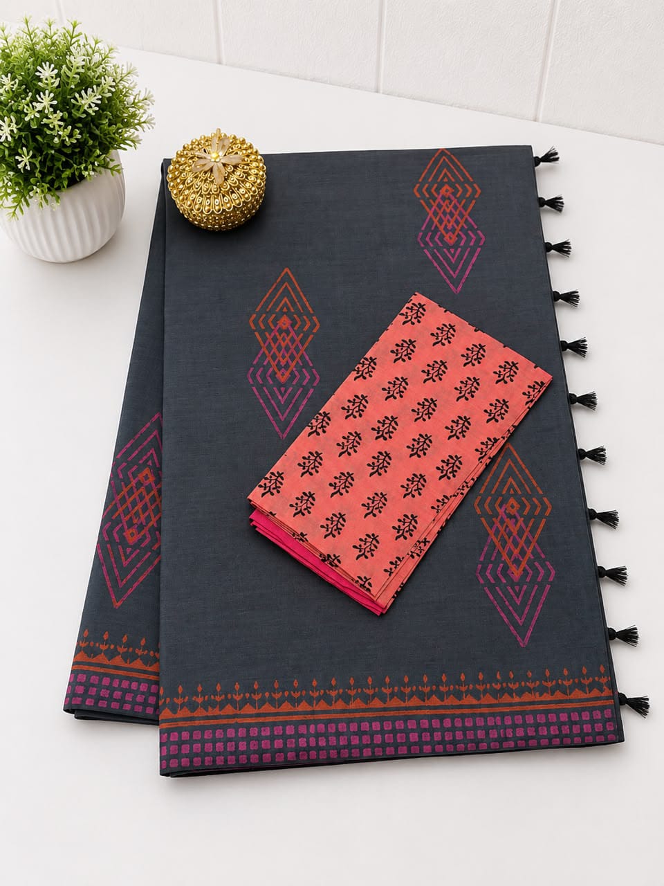 South Cotton Mix Block Printed Saree with Blouse