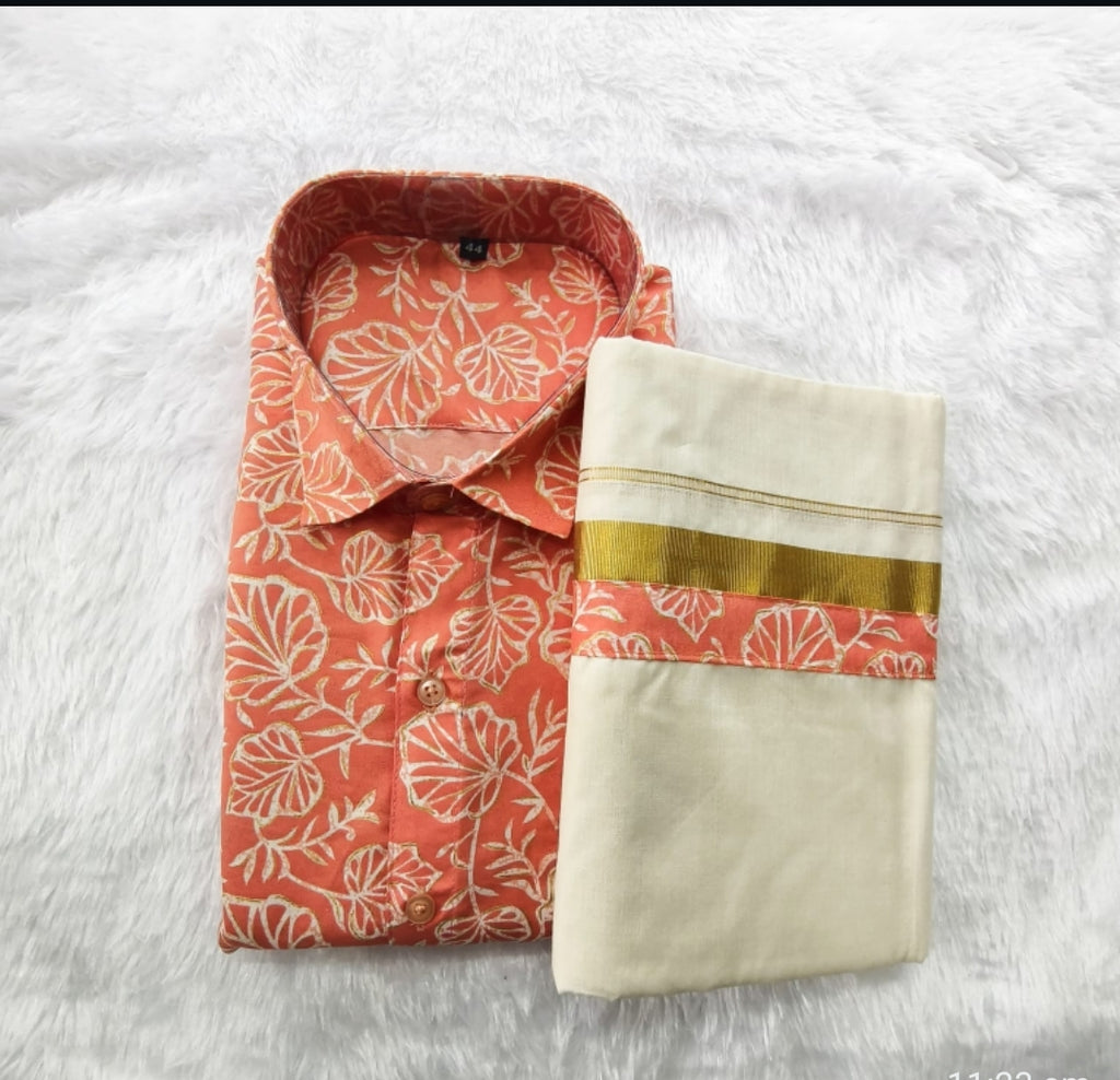 Premium Kerala Traditional Printed Shirt & Kasavu Mundu Combo