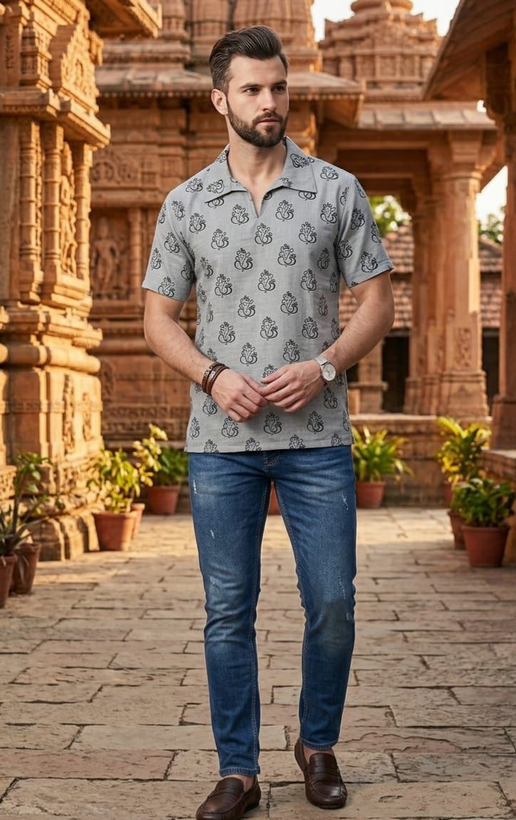Men's Cotton Ganpati Print Short Kurta (Half Sleeves)