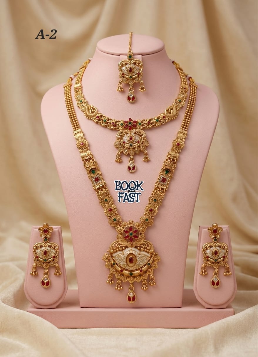 Premium Brass High Gold Antique Rajwadi Mett Combo Jewellery Set with Earrings & Mang Tikka