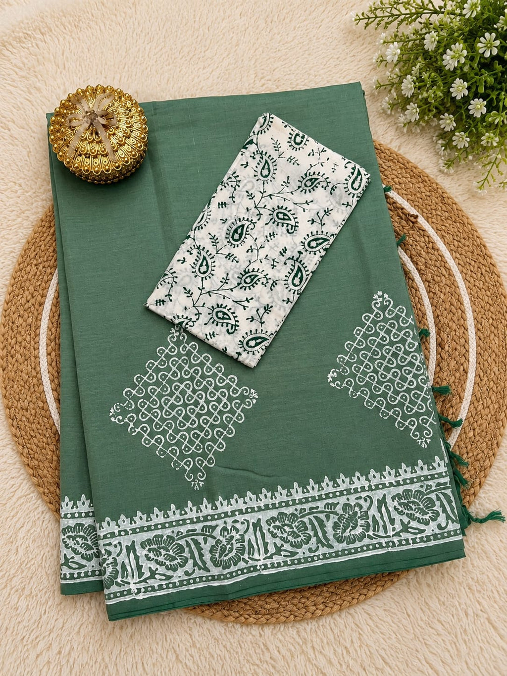 South Cotton Mix Block Printed Saree with Blouse