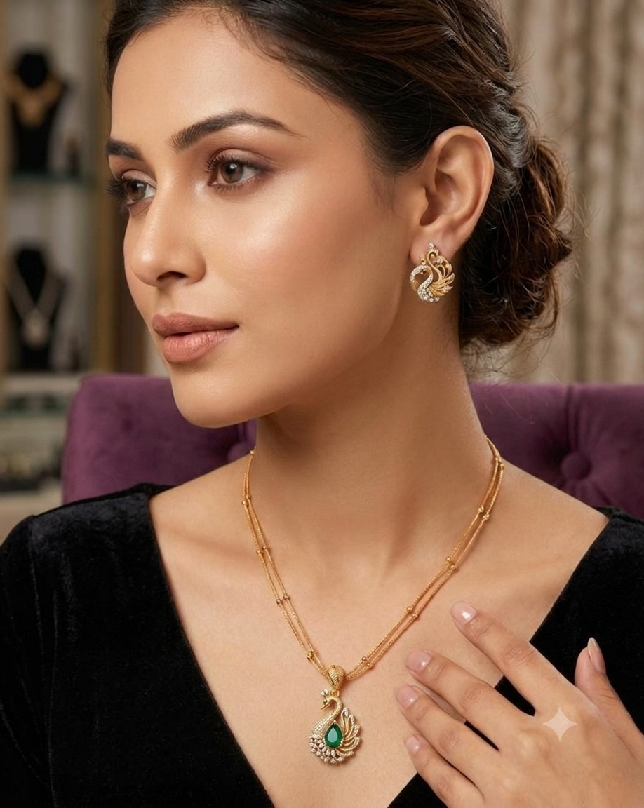 Golden Diamond Look Pendant Set with Earrings | Guvaa Mart
