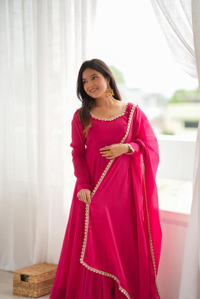 Premium Pure Mal Chanderi Fully Flare Anarkali Set with Dupatta