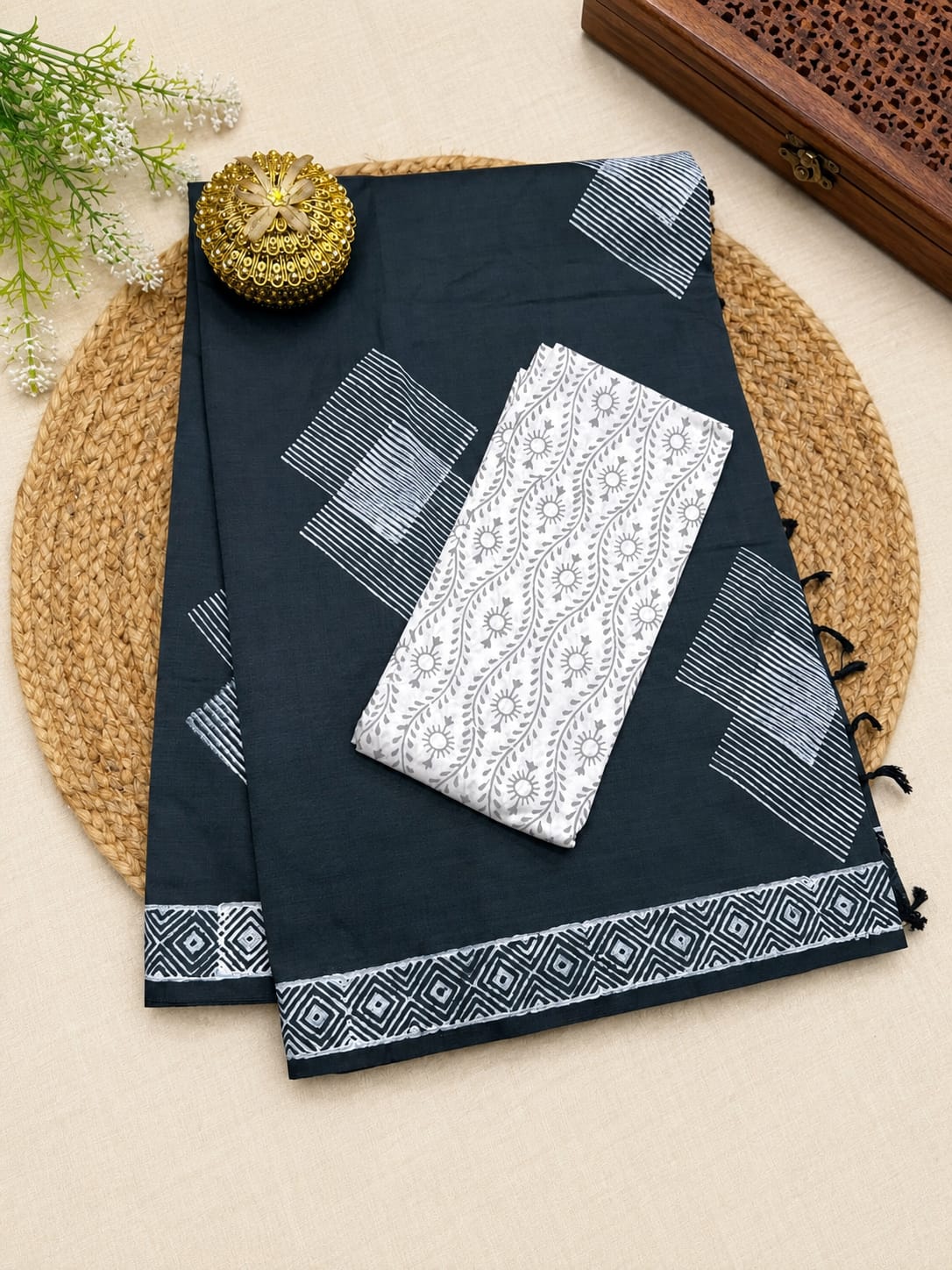 South Cotton Mix Block Printed Saree with Blouse