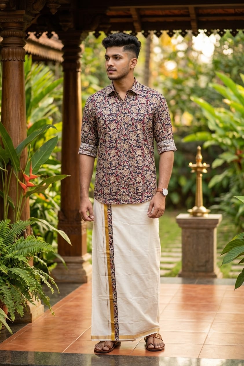 Kerala Traditional Printed Shirt & Mundu Set