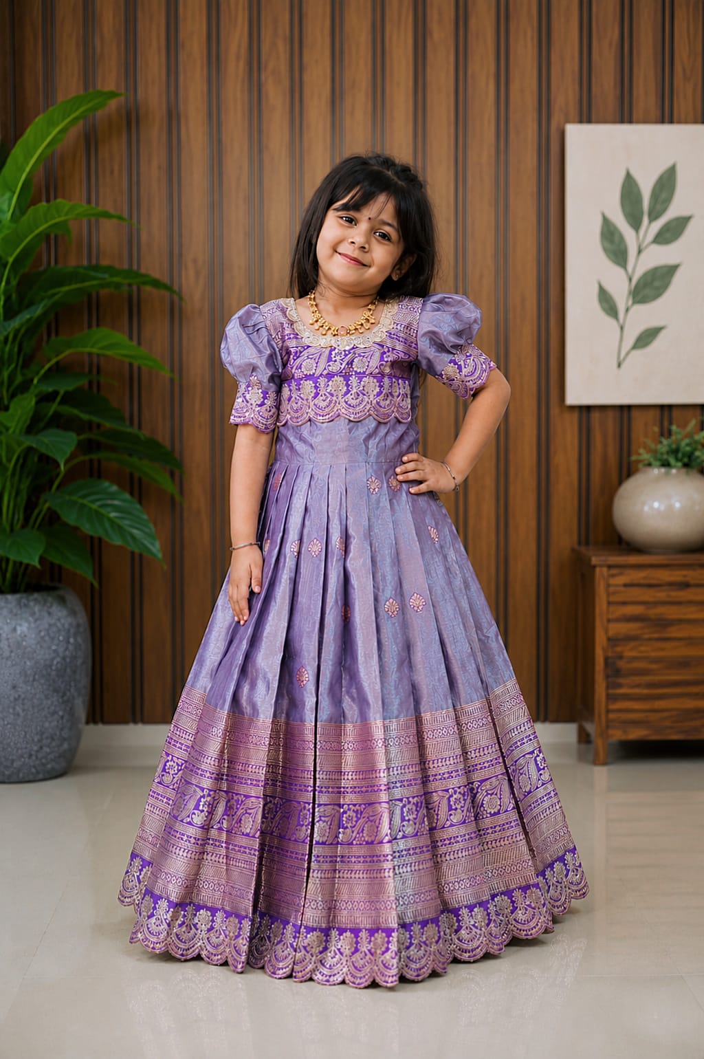 Kids Heavy Shimmer Silk Gown with Zari Weaving & Embroidery