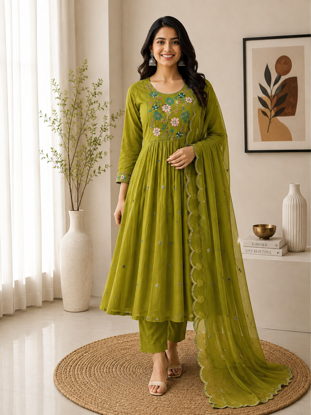 Drishti Premium Mul Chanderi Embroidered Kurta Set with Dupatta