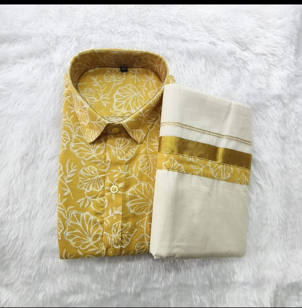 Premium Kerala Traditional Printed Shirt & Kasavu Mundu Combo
