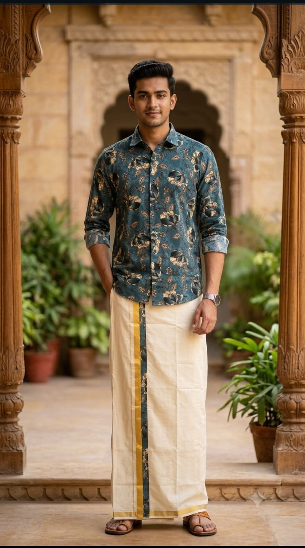 Shirt and mundu combo onam vibe