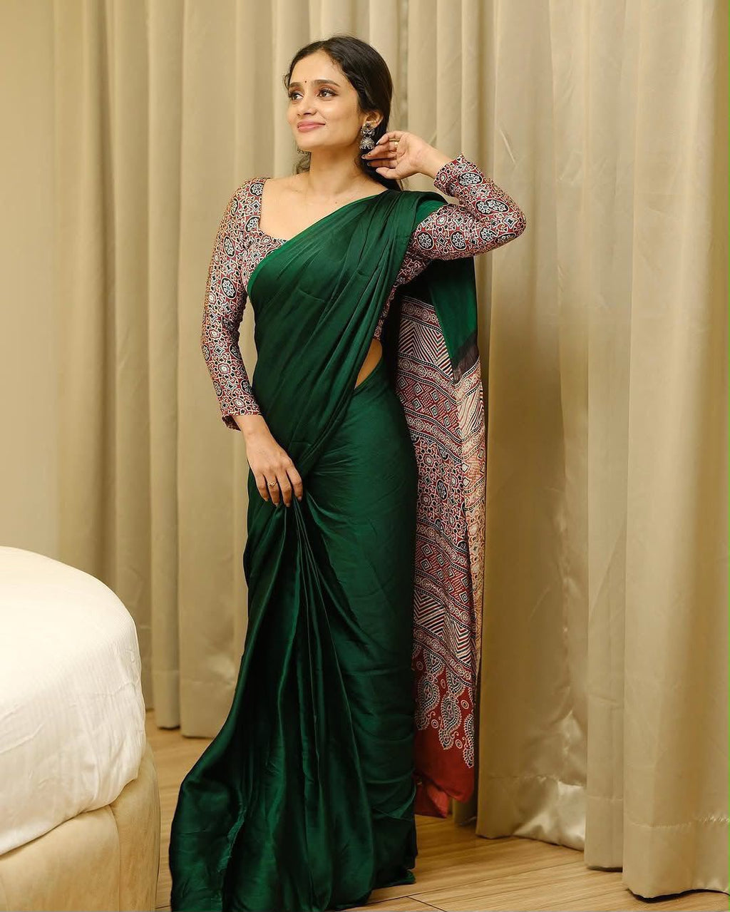 Kajarkha Pure Crape Satin Ajrak Printed Saree