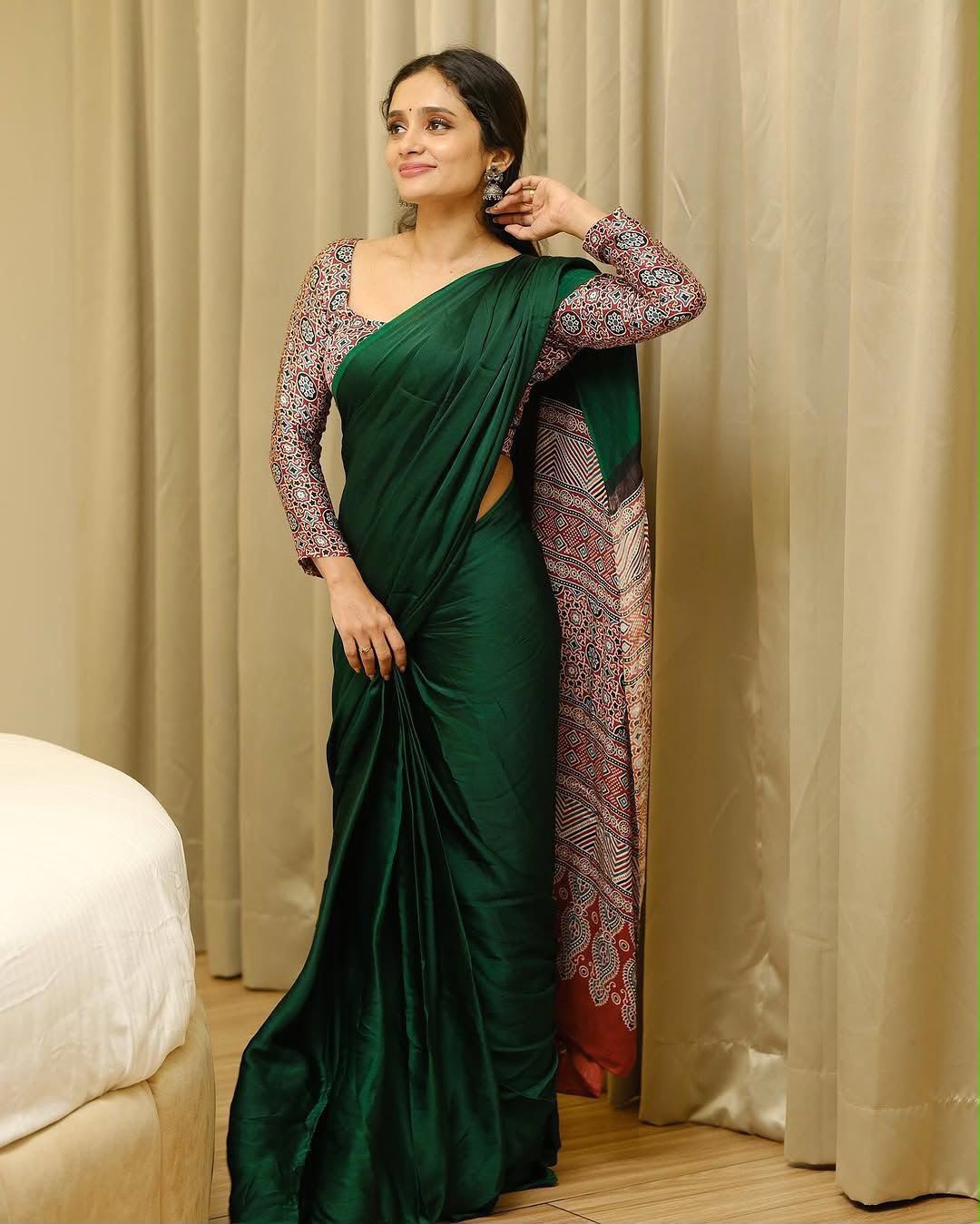 Kajarkha Pure Crape Satin Ajrak Printed Saree