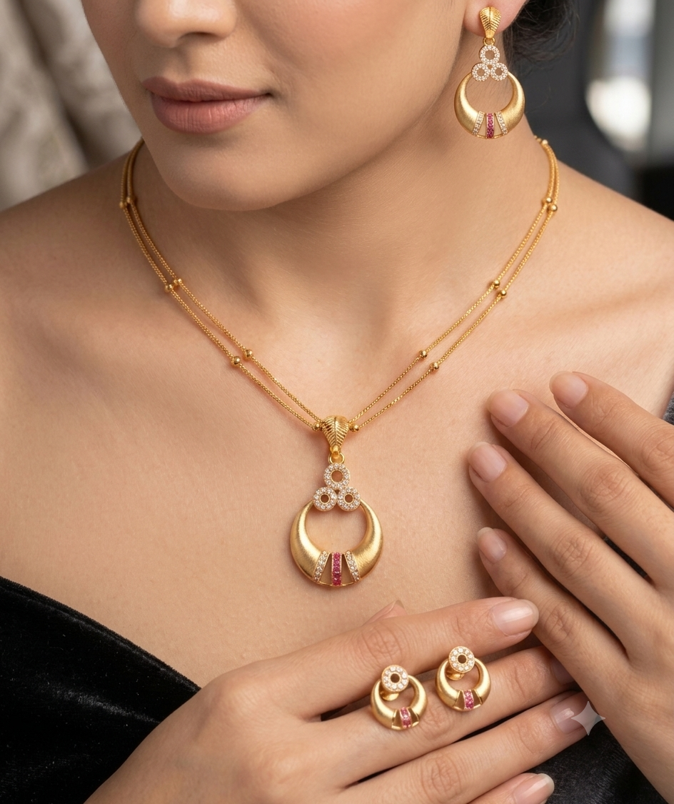 Golden Diamond Look Pendant Set with Earrings | Guvaa Mart