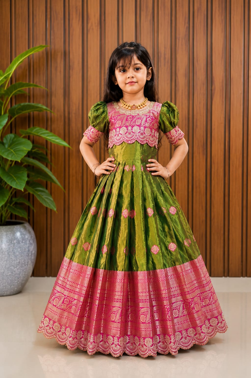 Kids Heavy Shimmer Silk Gown with Zari Weaving & Embroidery