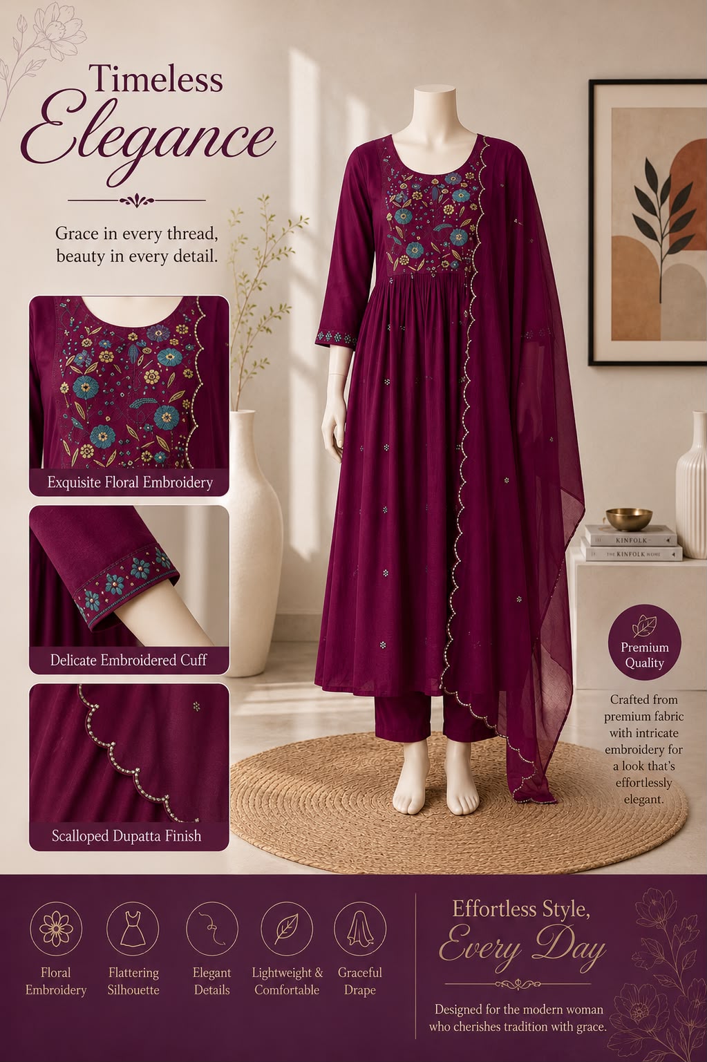 Drishti Premium Mul Chanderi Embroidered Kurta Set with Dupatta