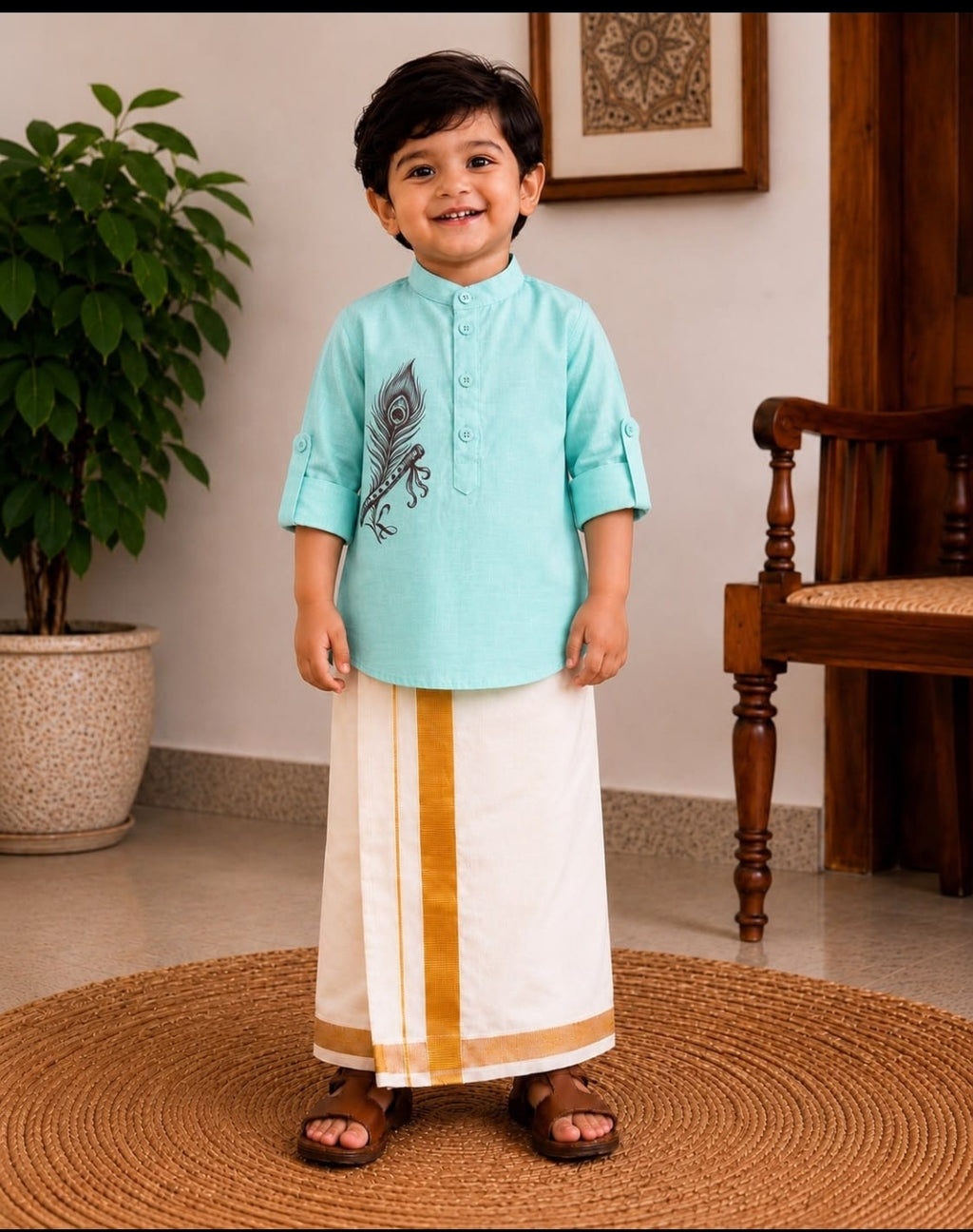 Kids  Embroidered Kurta & White Mundu Set